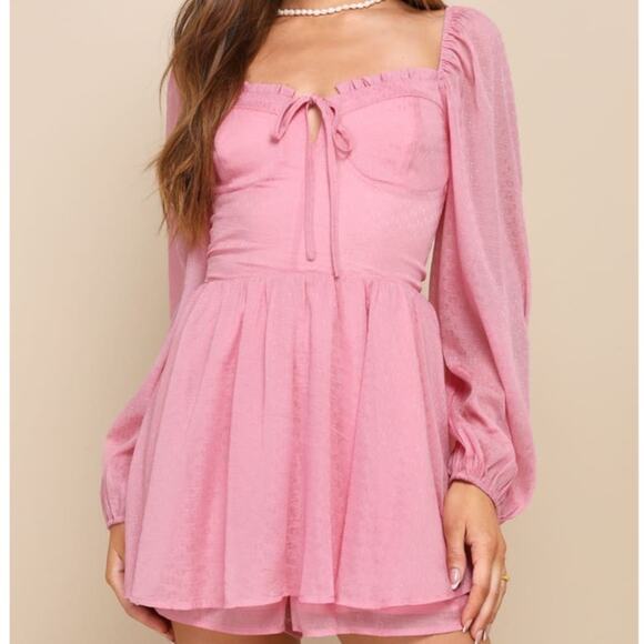 Storia Adorable Perfection Pink Balloon Sleeve Sweetheart Woven Bustier Romper - Picture 2 of 10